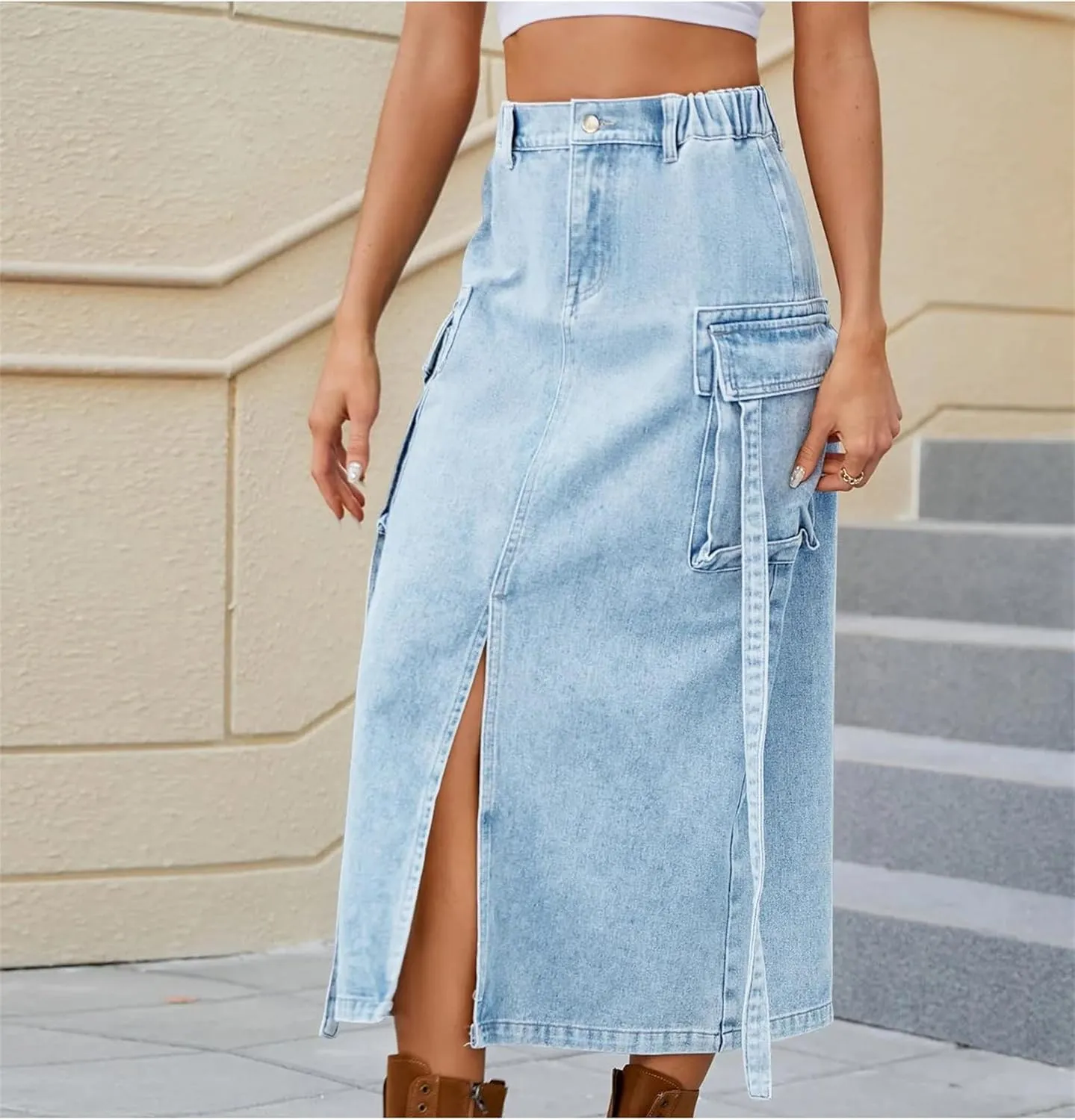 Women Elastic Waist Slits Denim Skirts Sexy Slim Washing Cargo Long Wrap Buttocks Jeans Skirts