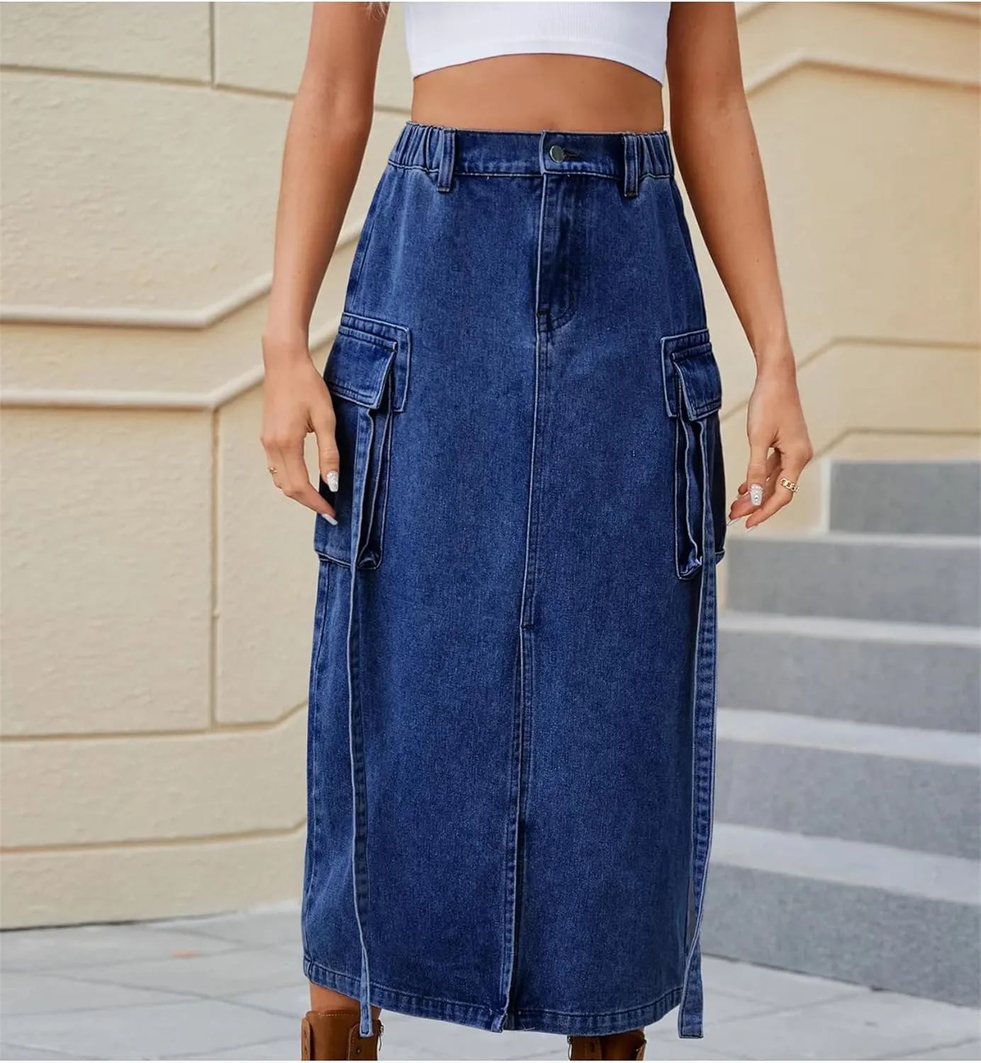 Women Elastic Waist Slits Denim Skirts Sexy Slim Washing Cargo Long Wrap Buttocks Jeans Skirts