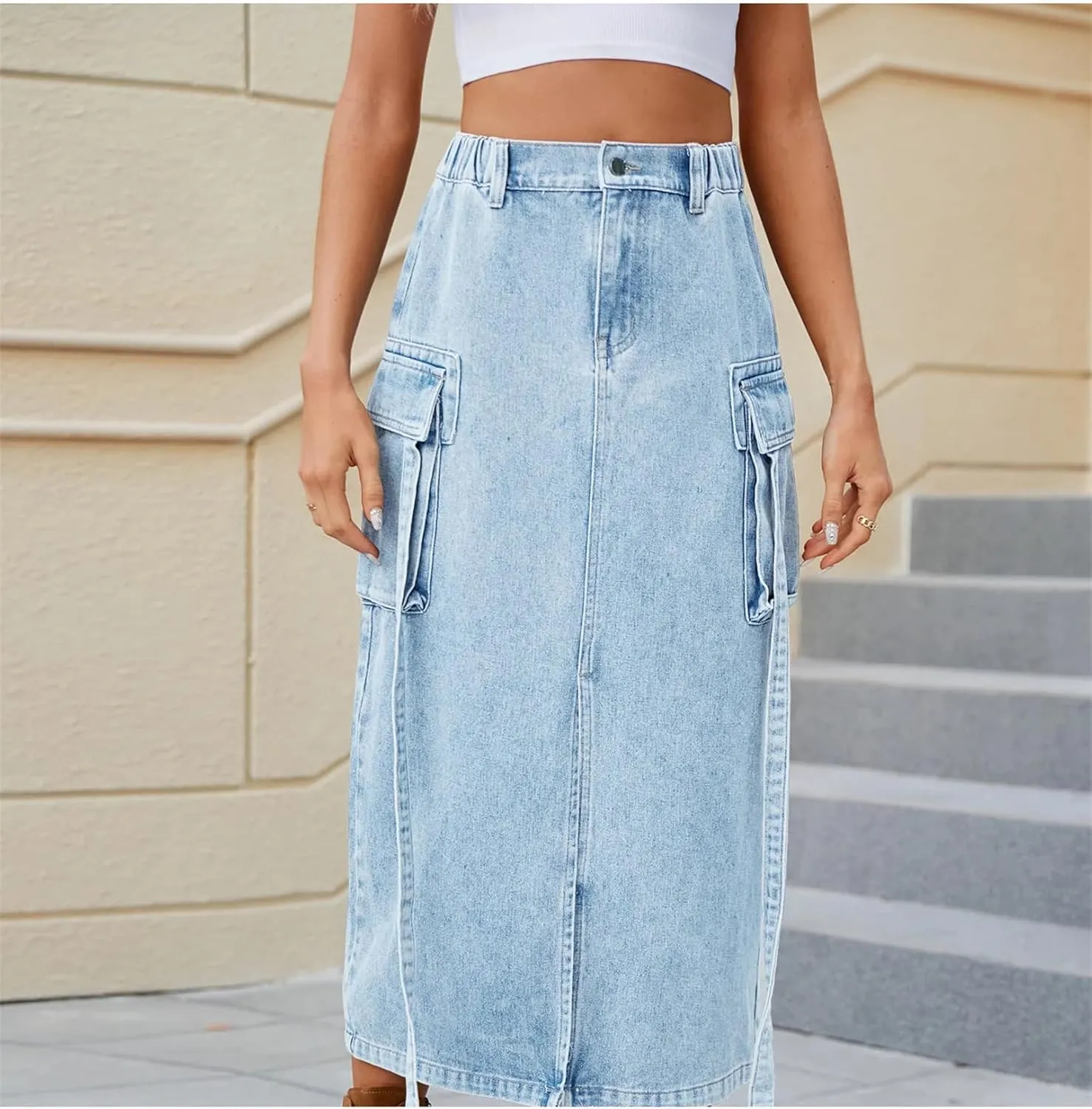 Women Elastic Waist Slits Denim Skirts Sexy Slim Washing Cargo Long Wrap Buttocks Jeans Skirts