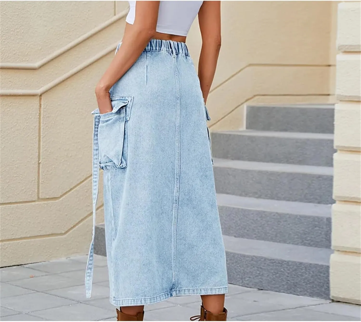 Women Elastic Waist Slits Denim Skirts Sexy Slim Washing Cargo Long Wrap Buttocks Jeans Skirts