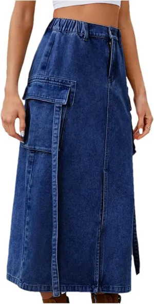 Women Elastic Waist Slits Denim Skirts Sexy Slim Washing Cargo Long Wrap Buttocks Jeans Skirts