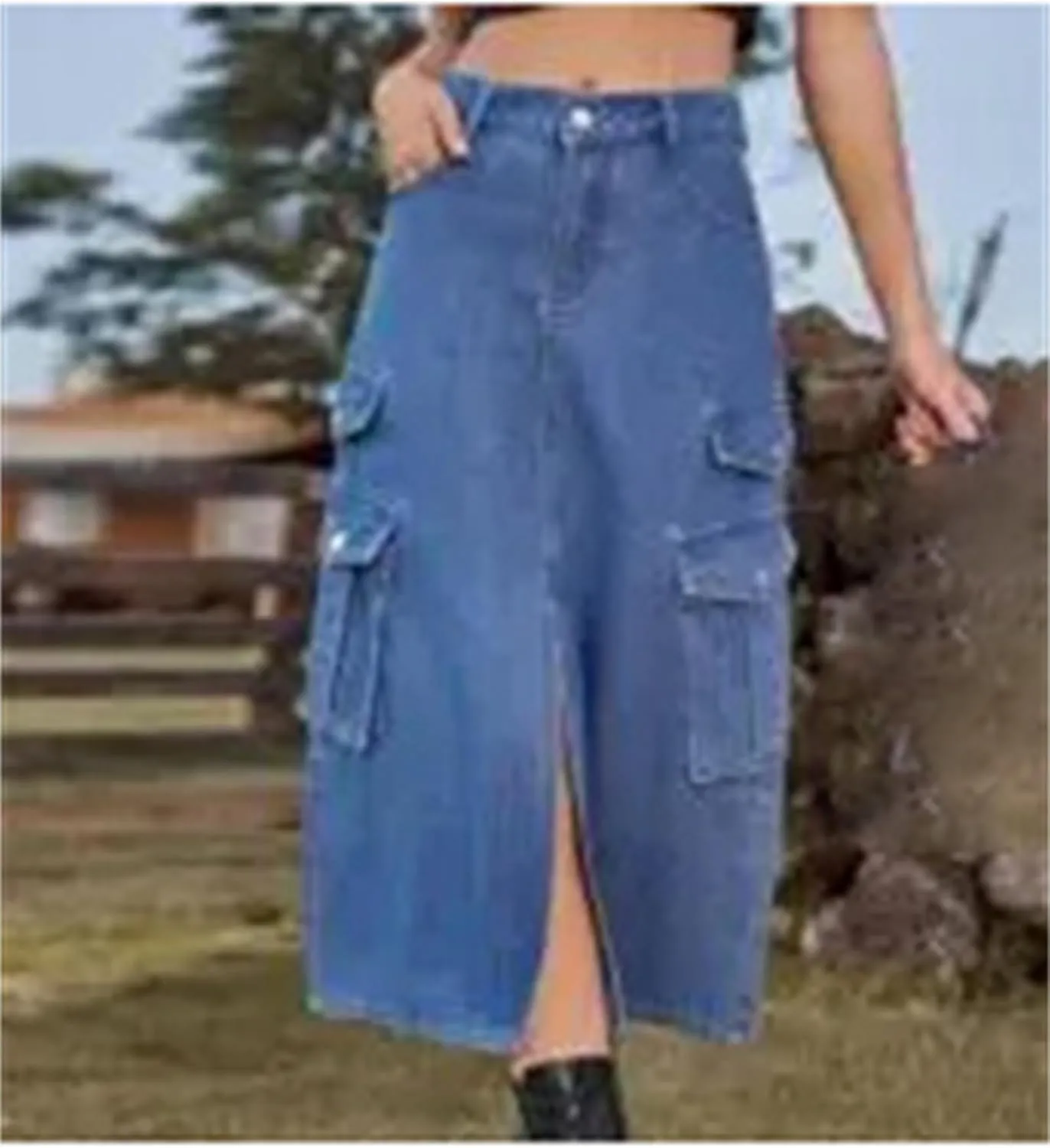 Women Elastic Waist Slits Denim Skirts Sexy Slim Washing Cargo Long Wrap Buttocks Jeans Skirts