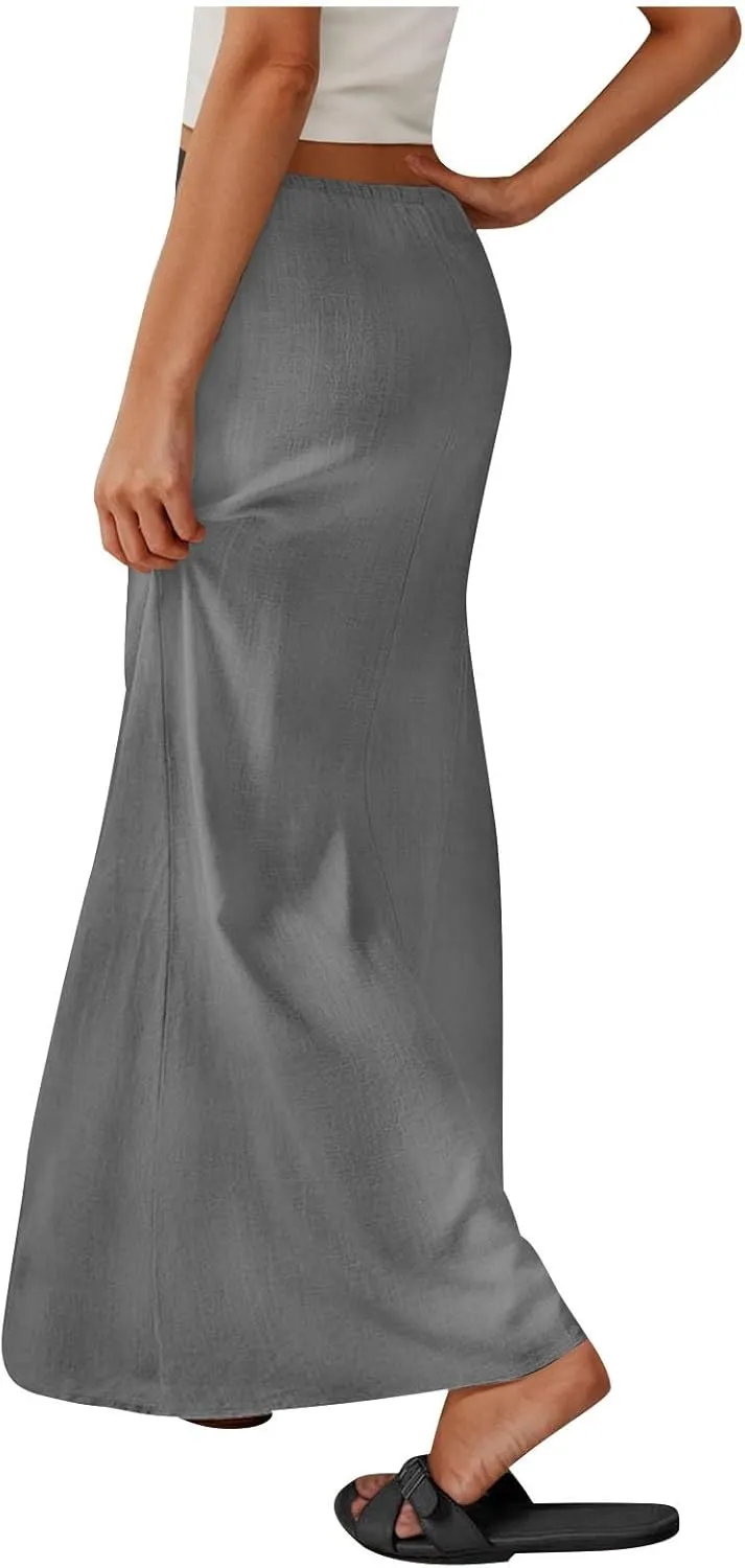 Women Faux Cotton Linen Maxi Skirts Trendy Elastic Waist Drawstring Tie-up Plain Comfy Summer A Line Long Skirt