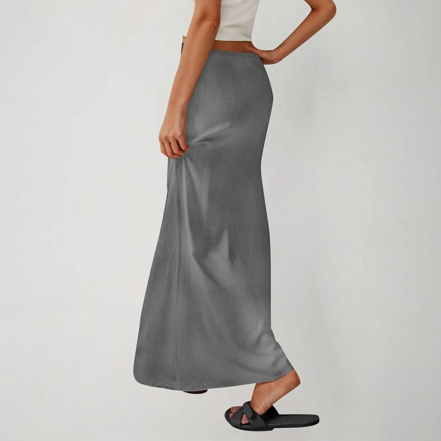 Women Faux Cotton Linen Maxi Skirts Trendy Elastic Waist Drawstring Tie-up Plain Comfy Summer A Line Long Skirt