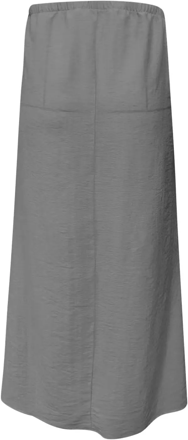 Women Faux Cotton Linen Maxi Skirts Trendy Elastic Waist Drawstring Tie-up Plain Comfy Summer A Line Long Skirt