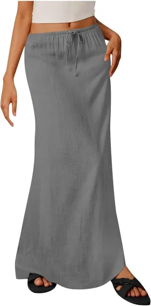 Women Faux Cotton Linen Maxi Skirts Trendy Elastic Waist Drawstring Tie-up Plain Comfy Summer A Line Long Skirt