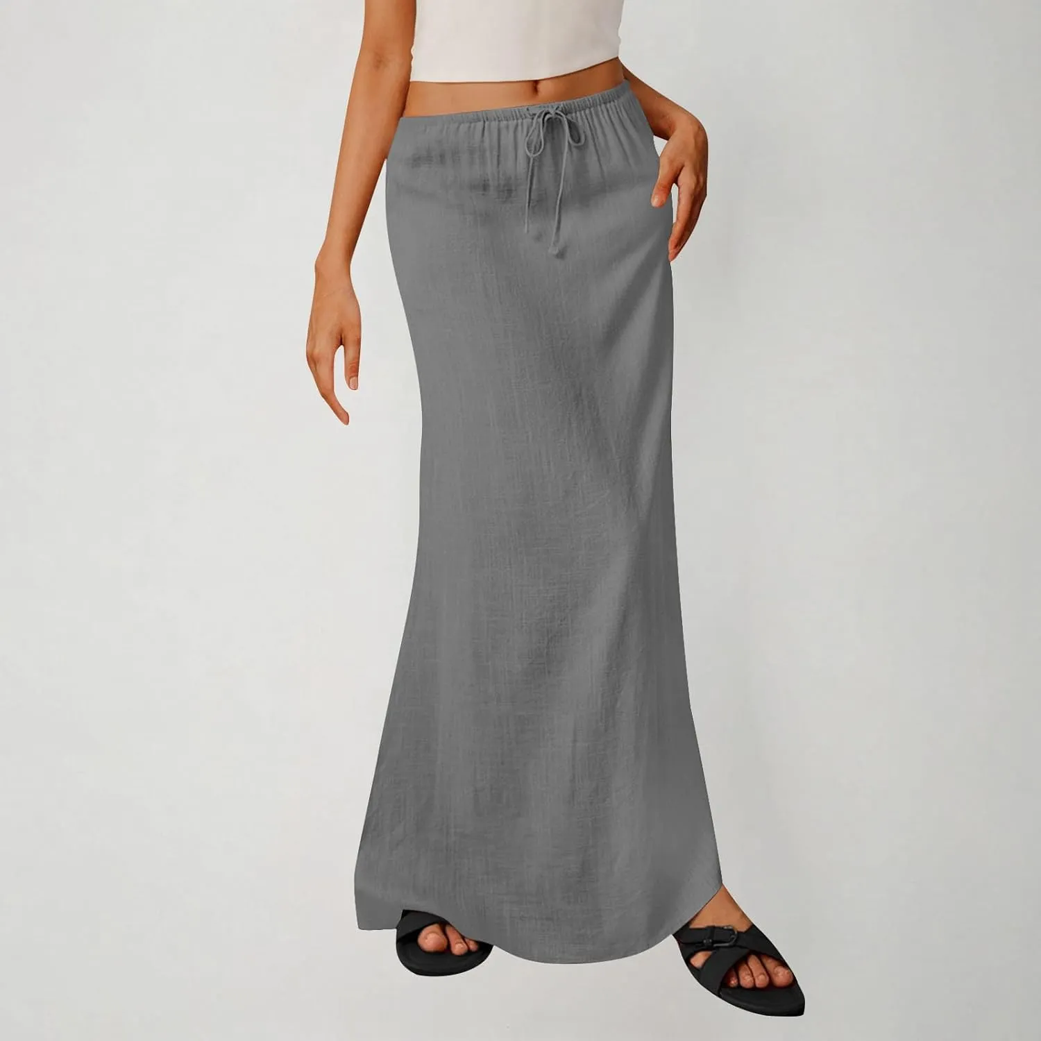 Women Faux Cotton Linen Maxi Skirts Trendy Elastic Waist Drawstring Tie-up Plain Comfy Summer A Line Long Skirt