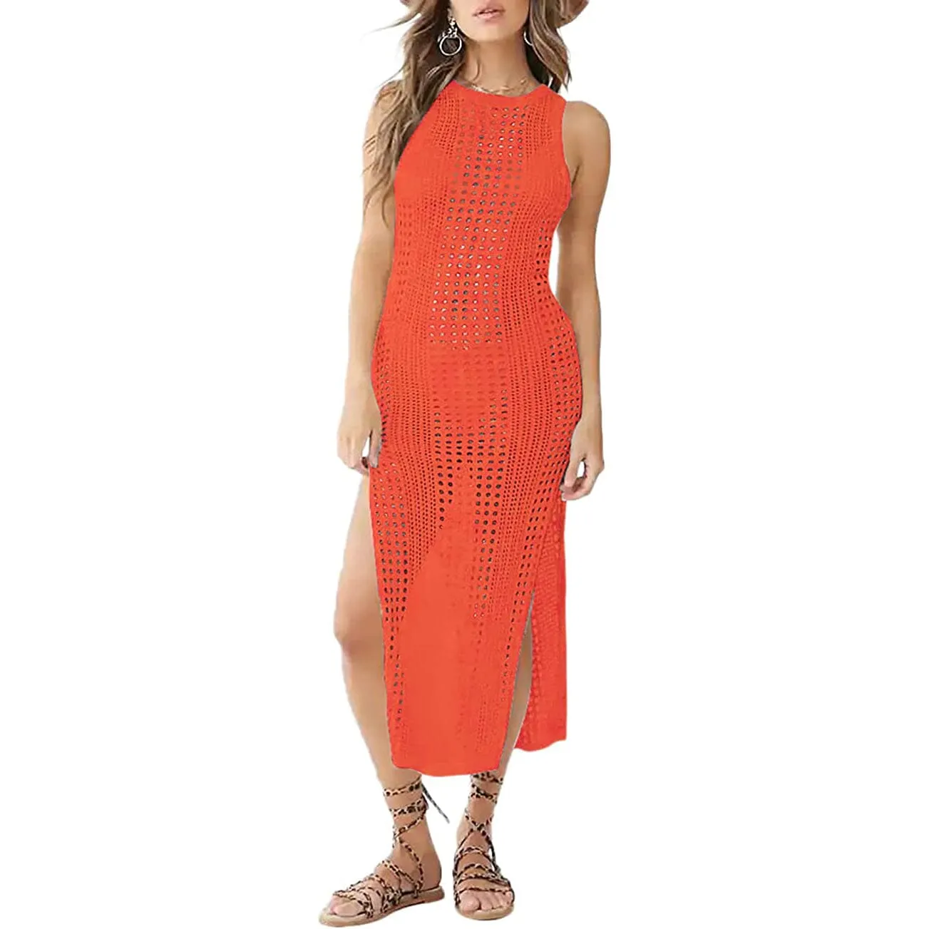 Women Hollow Out Sleeveless Bikini Swimsuit Side Split Long Beach Dresses