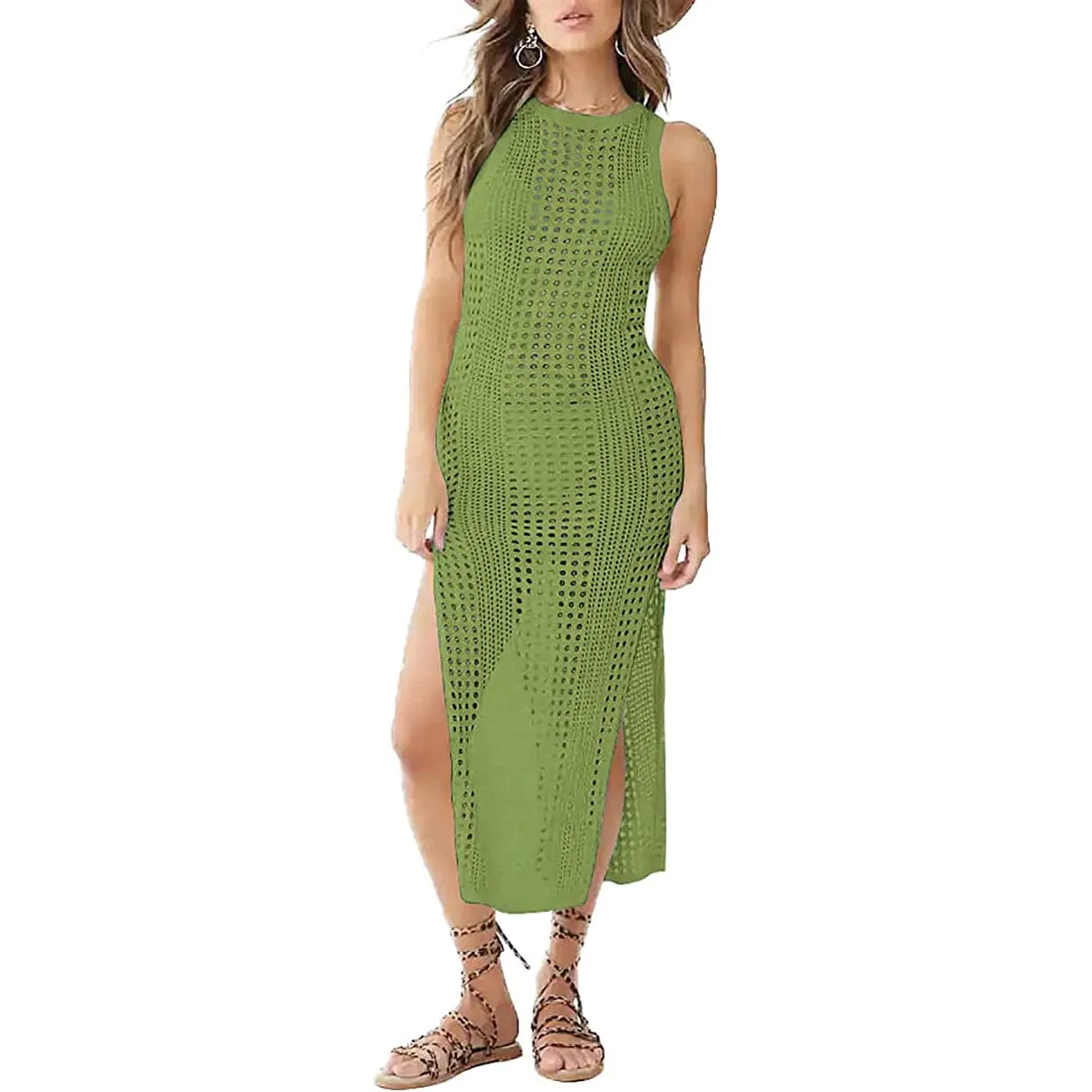 Women Hollow Out Sleeveless Bikini Swimsuit Side Split Long Beach Dresses