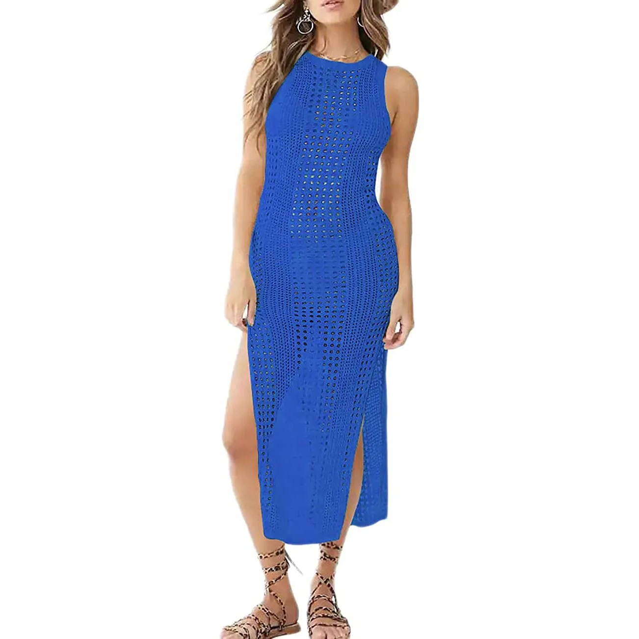 Women Hollow Out Sleeveless Bikini Swimsuit Side Split Long Beach Dresses