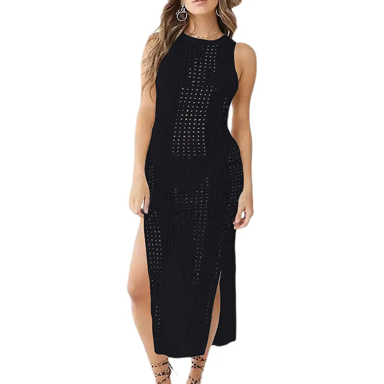 Women Hollow Out Sleeveless Bikini Swimsuit Side Split Long Beach Dresses