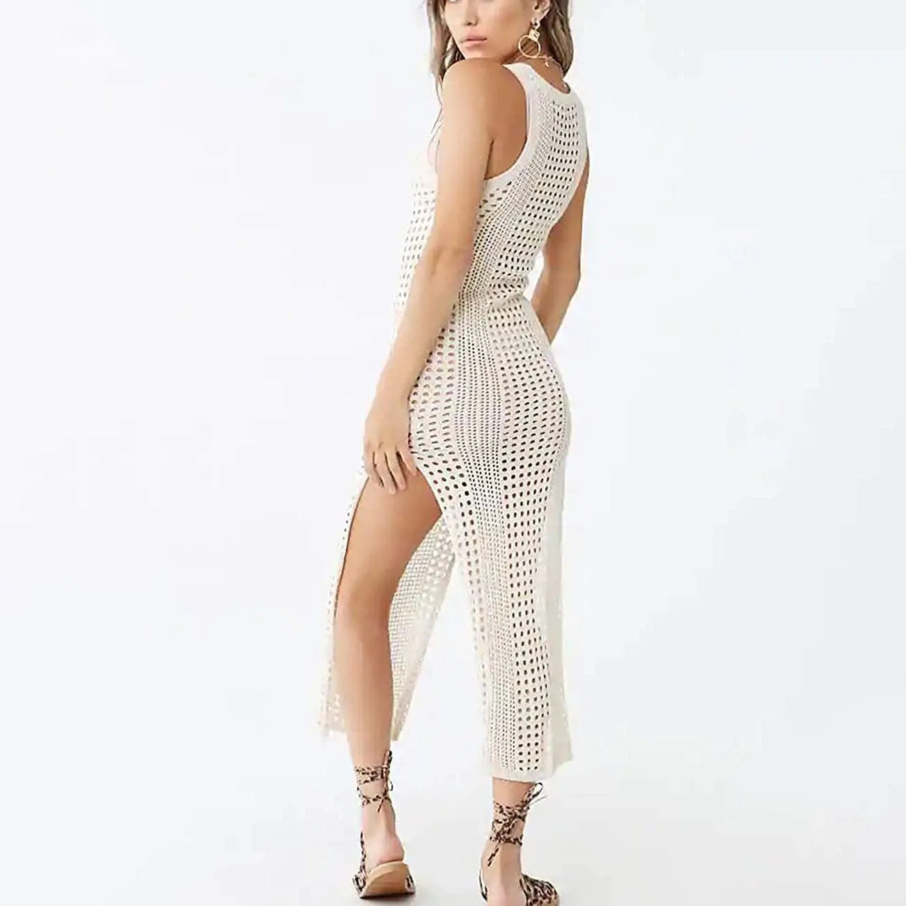 Women Hollow Out Sleeveless Bikini Swimsuit Side Split Long Beach Dresses