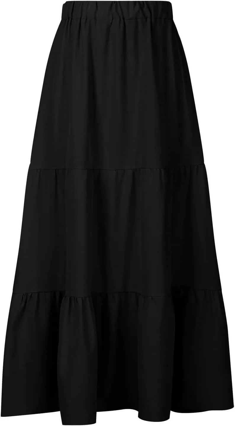 Women Maxi Boho Skirts Summer Trendy Beach Long Skirt Tiered Flowy Ruffle Skirts Casual Vacation Skirt with Pocket