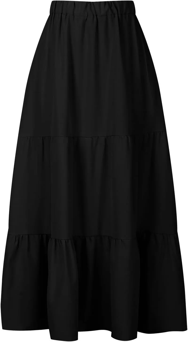 Women Maxi Boho Skirts Summer Trendy Beach Long Skirt Tiered Flowy Ruffle Skirts Casual Vacation Skirt with Pocket