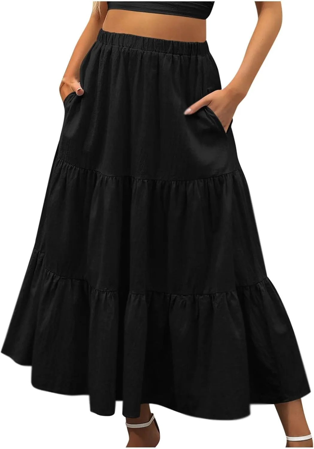 Women Maxi Boho Skirts Summer Trendy Beach Long Skirt Tiered Flowy Ruffle Skirts Casual Vacation Skirt with Pocket