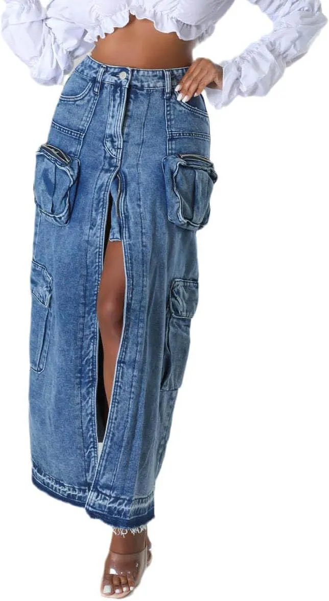 Women's Denim Skirt Split Long Cargo Jean Skirts Multi Pockets High Waist Y2K Maxi Jean Skirts