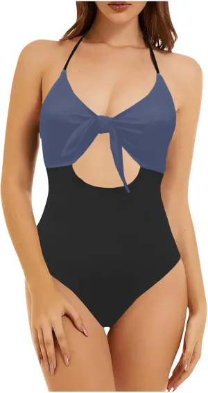 Womens Halter Cutout One Piece Swimsuit Sexy Backless Tummy Control Bathing Suits Colorblock Slimming Beach Swimwear