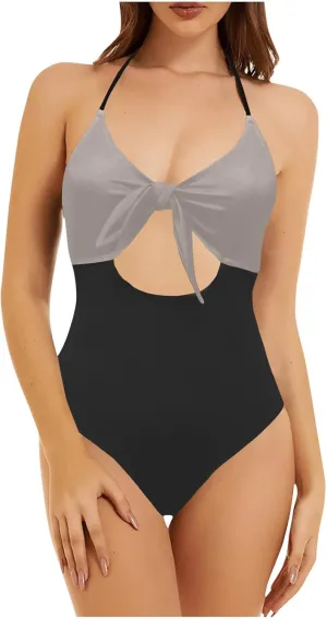 Womens Halter Cutout One Piece Swimsuit Sexy Backless Tummy Control Bathing Suits Colorblock Slimming Beach Swimwear