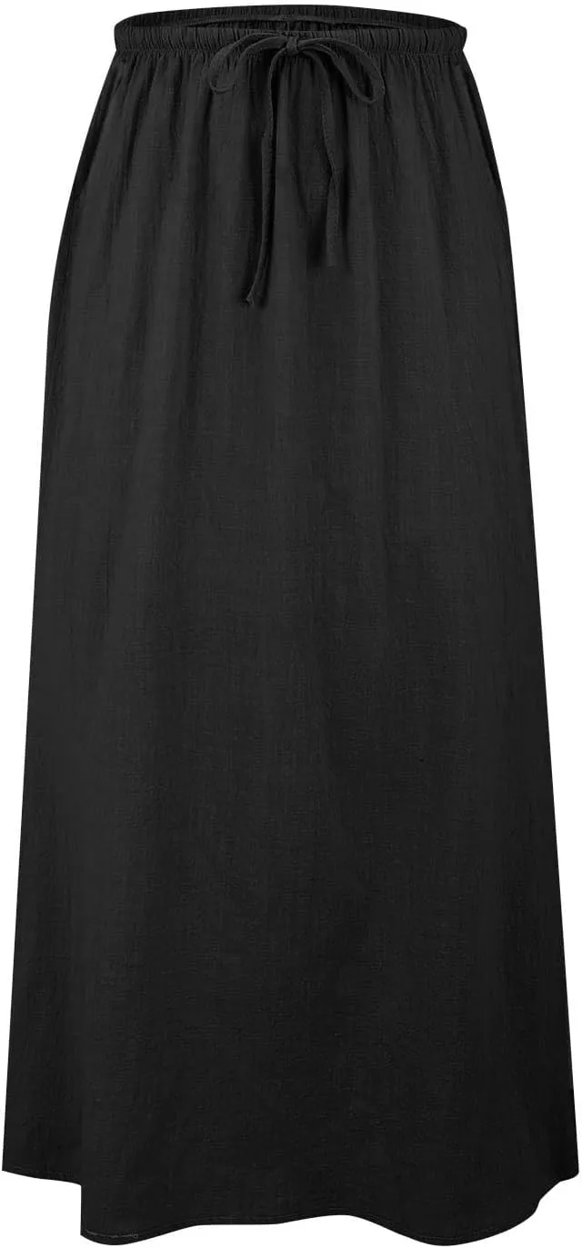 Womens Linen Maxi Skirts Drawstring Low Waist A Line Casual Skirt Cute Vacation Long Flowy Cotton Outfits with Back Slit