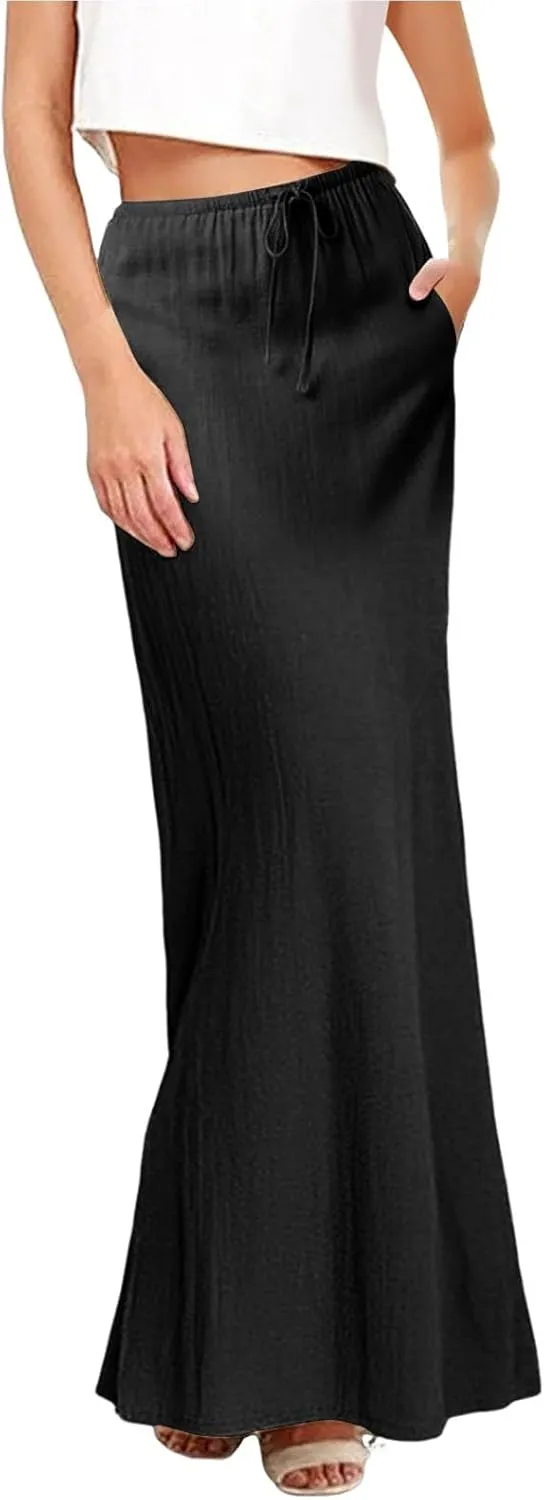 Womens Linen Maxi Skirts Drawstring Low Waist A Line Casual Skirt Cute Vacation Long Flowy Cotton Outfits with Back Slit