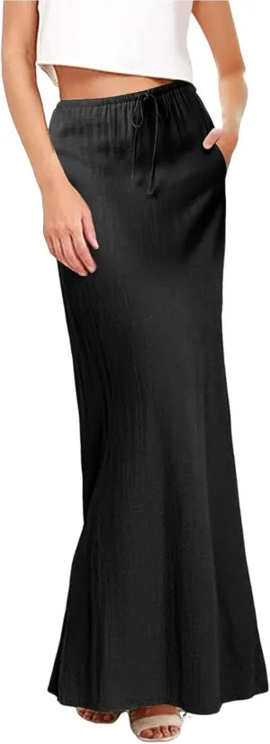 Womens Linen Maxi Skirts Drawstring Low Waist A Line Casual Skirt Cute Vacation Long Flowy Cotton Outfits with Back Slit
