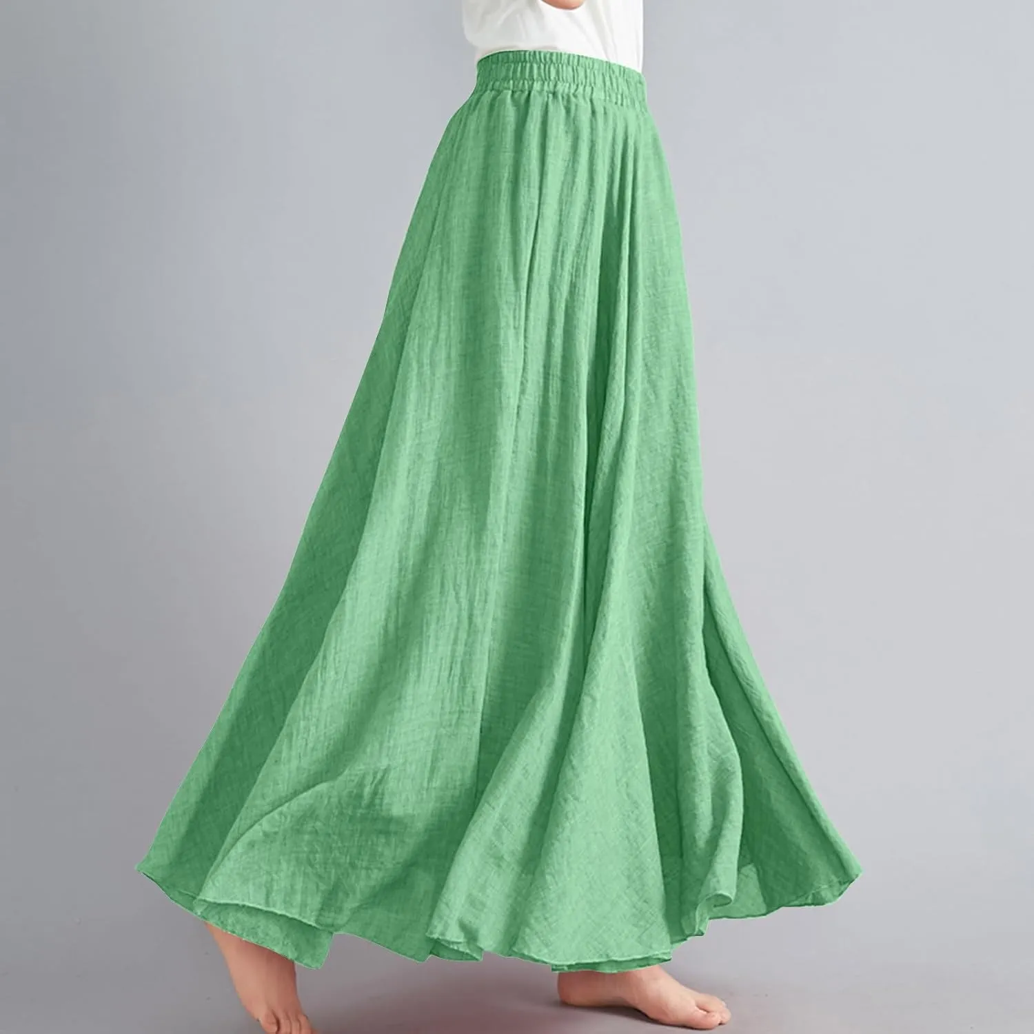 Women's Linen Maxi Skirts High Waist Ankle Length Skirt Solid Color Loose Casual Skirt Summer Flowy Long Skirts