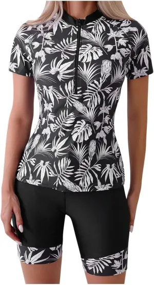 Womens One Piece Rash Guard Short Sleeve Swimsuit Tummy Control Swimsuits Zipper Floral Boyleg Surfing Bathing Suit