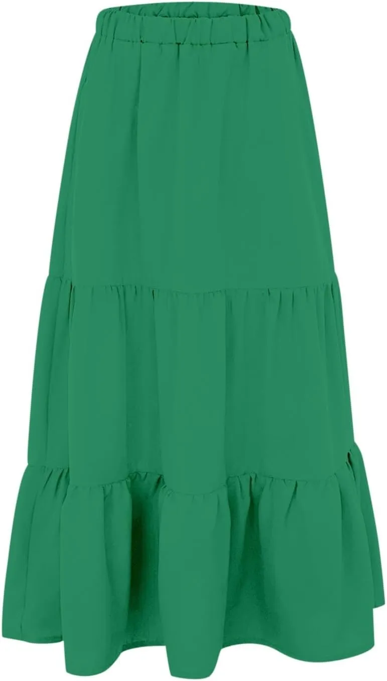 Womens Summer Boho Elastic Waist A-Line Beach Flowy Swing Ruffle Hem Tiered Comfy Casual Maxi Skirt with Pockets
