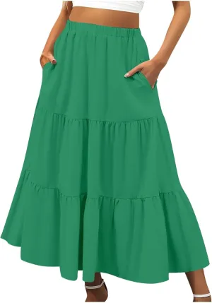 Womens Summer Boho Elastic Waist A-Line Beach Flowy Swing Ruffle Hem Tiered Comfy Casual Maxi Skirt with Pockets