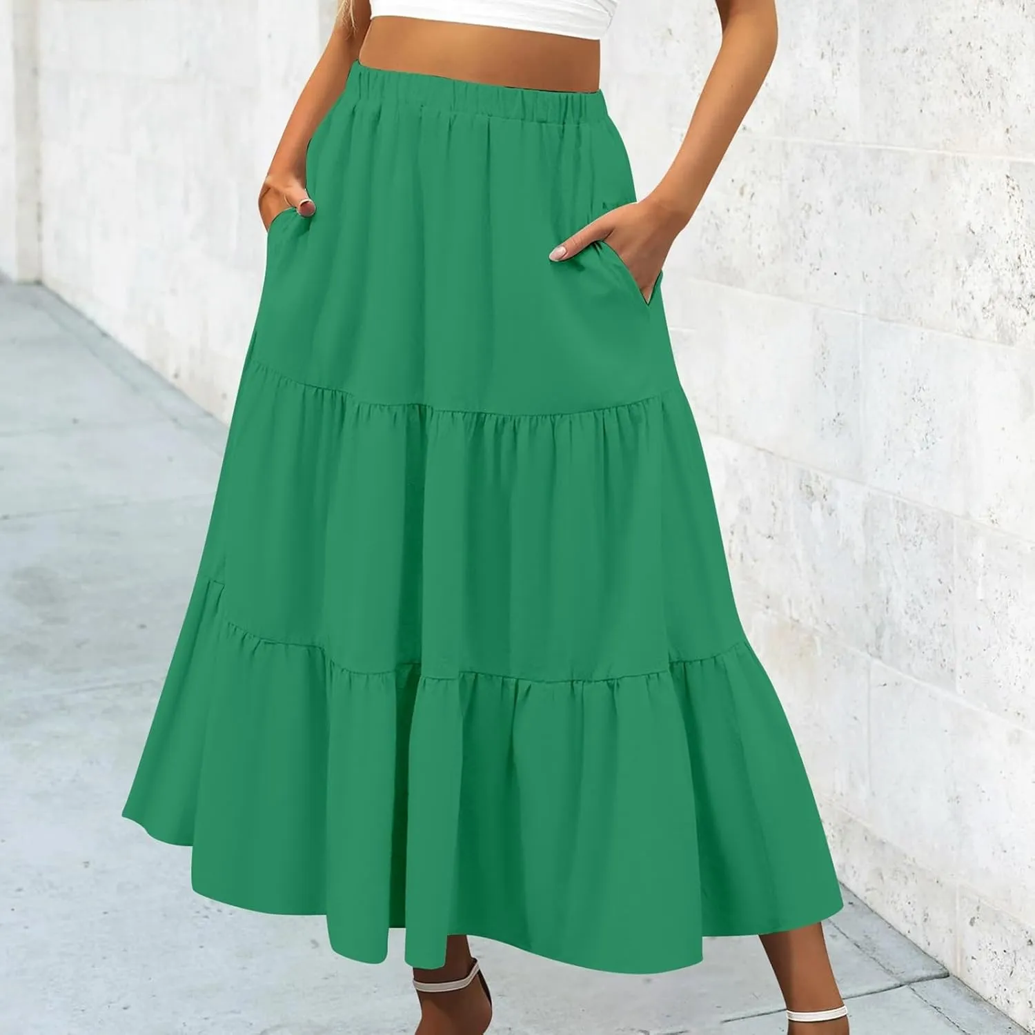 Womens Summer Boho Elastic Waist A-Line Beach Flowy Swing Ruffle Hem Tiered Comfy Casual Maxi Skirt with Pockets