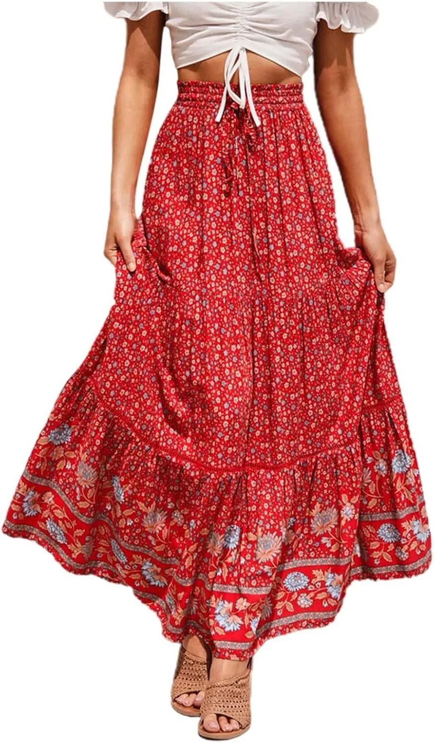 Womens Summer Skirts for Vacation 2025 High Waist Tummy Control Bohemian Floral Print Ruffles Pleated Maxi Skirts