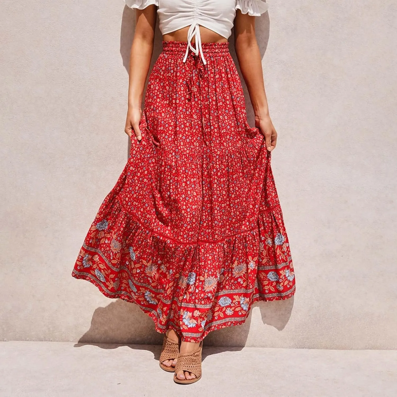 Womens Summer Skirts for Vacation 2025 High Waist Tummy Control Bohemian Floral Print Ruffles Pleated Maxi Skirts
