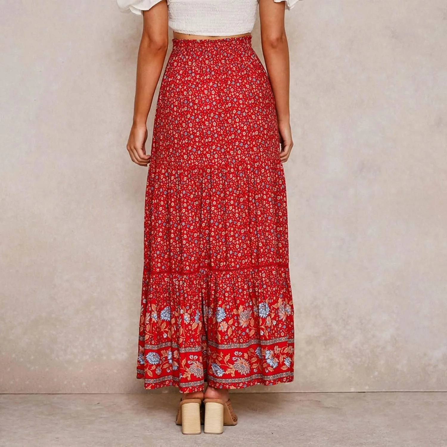 Womens Summer Skirts for Vacation 2025 High Waist Tummy Control Bohemian Floral Print Ruffles Pleated Maxi Skirts