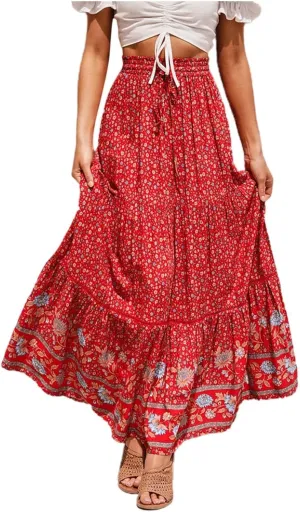Womens Summer Skirts for Vacation 2025 High Waist Tummy Control Bohemian Floral Print Ruffles Pleated Maxi Skirts
