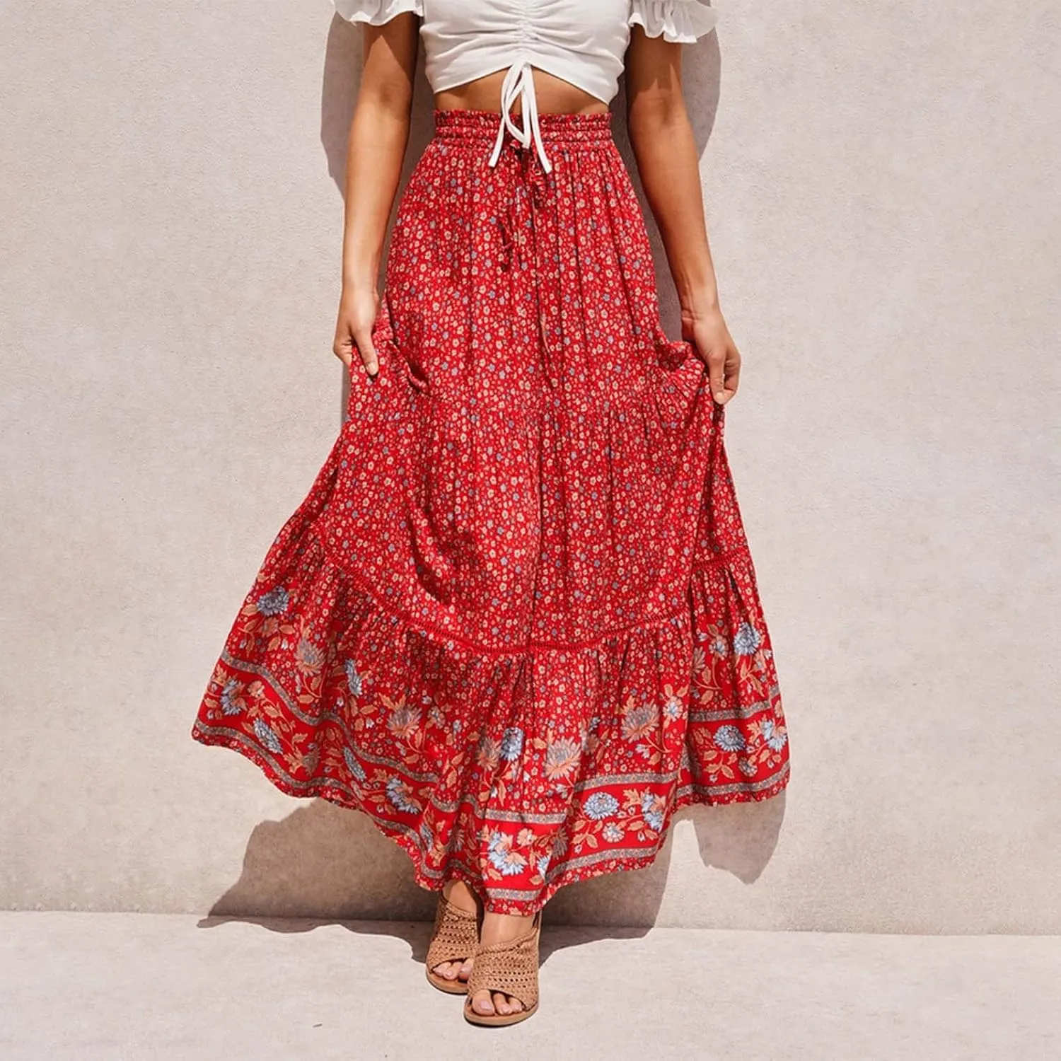 Womens Summer Skirts for Vacation 2025 High Waist Tummy Control Bohemian Floral Print Ruffles Pleated Maxi Skirts