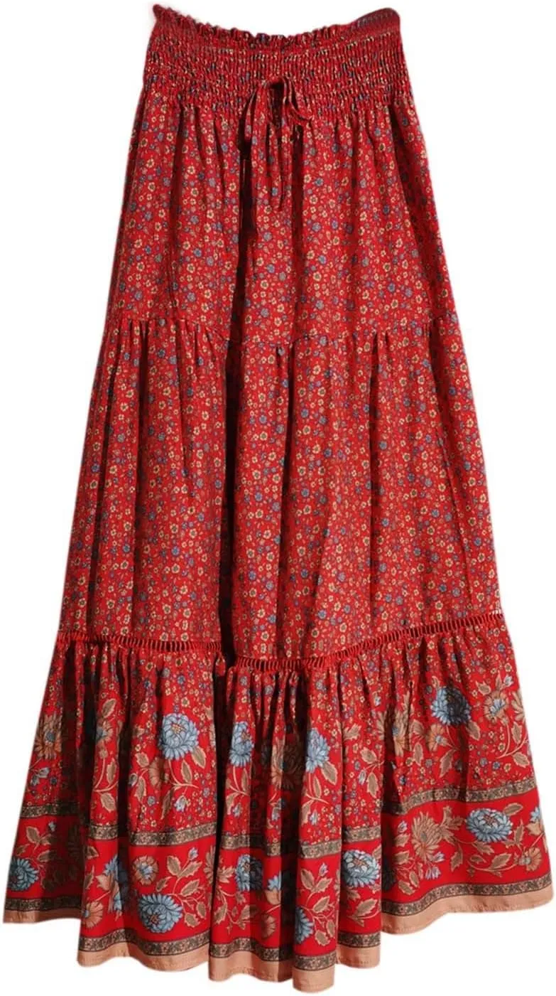Womens Summer Skirts for Vacation 2025 High Waist Tummy Control Bohemian Floral Print Ruffles Pleated Maxi Skirts