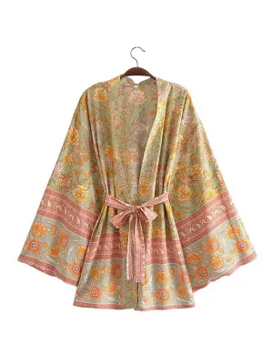 Yellow Cotton Short Length Gown Kimono Duster Robe