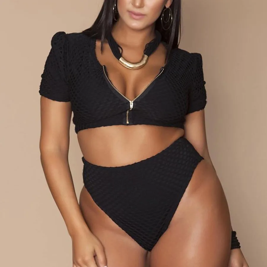 Zipper Front High Waist Body-hugging Bikini Swimsuits