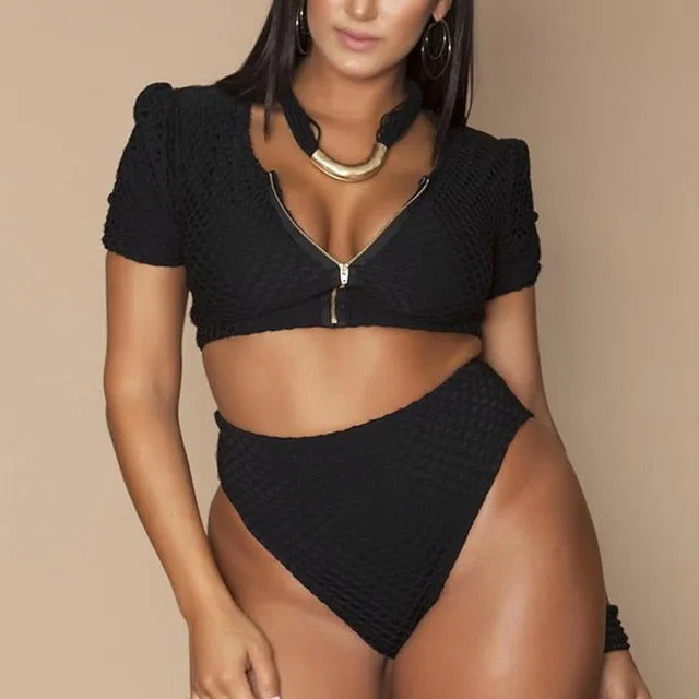 Zipper Front High Waist Body-hugging Bikini Swimsuits