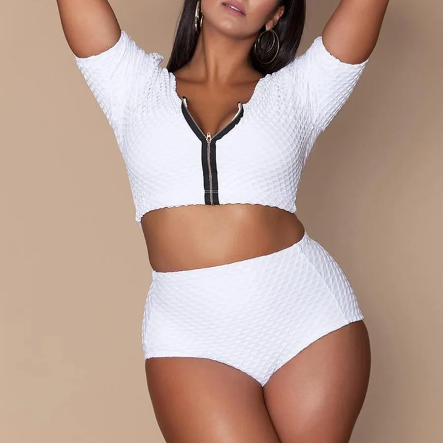 Zipper Front High Waist Body-hugging Bikini Swimsuits