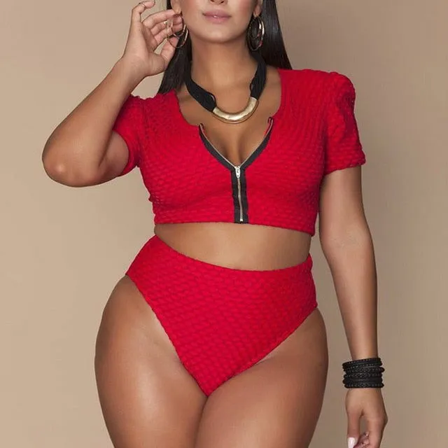 Zipper Front High Waist Body-hugging Bikini Swimsuits