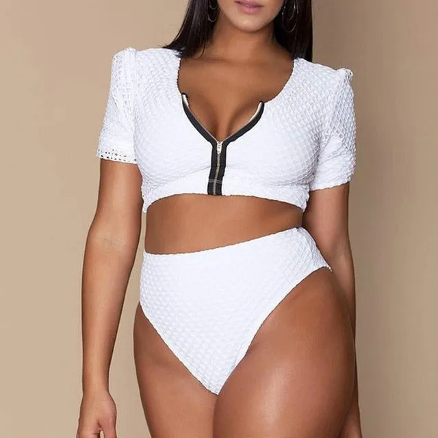 Zipper Front High Waist Body-hugging Bikini Swimsuits