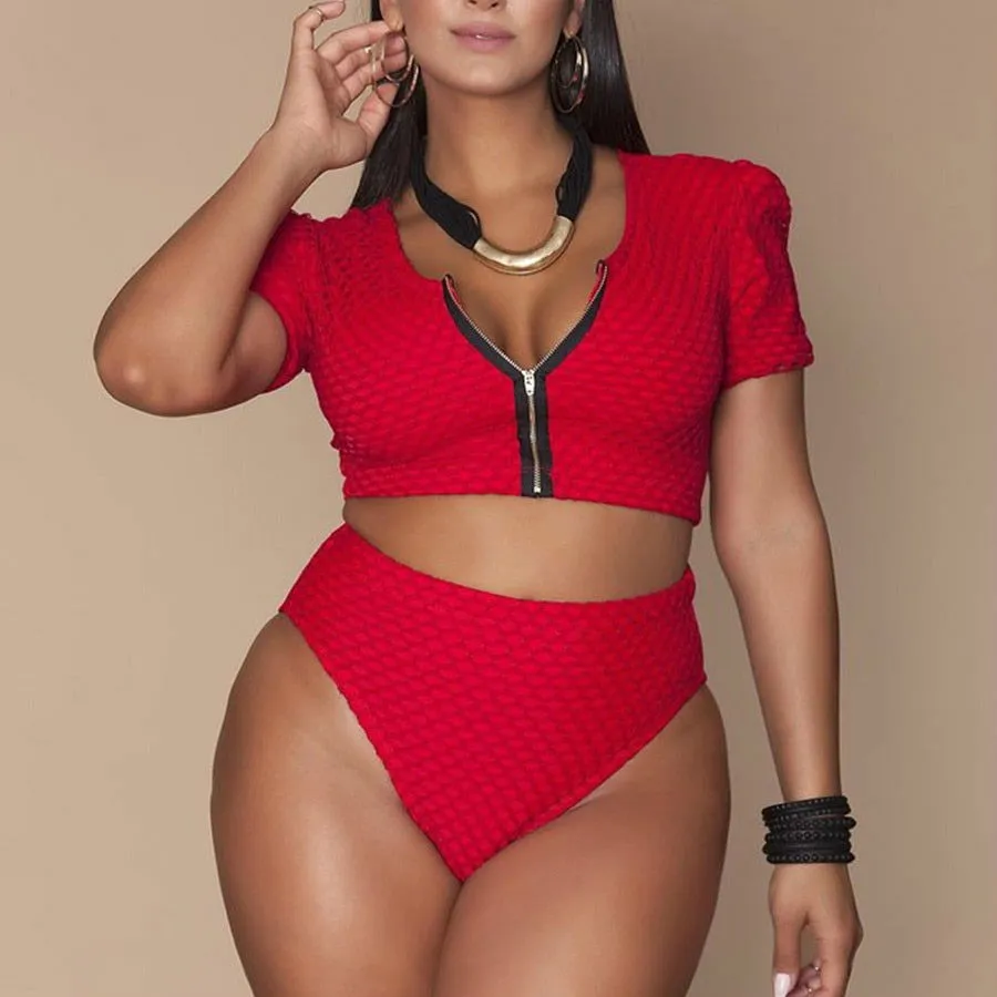 Zipper Front High Waist Body-hugging Bikini Swimsuits